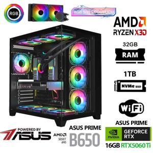 Prime Ryzen 7 7800X3D 32GB DDR5 Ram 1TB M.2 NVMe SSD 16GB RTX5060 Ti Sıvı Soğutmalı Oyuncu Tavsiye Sistem - 