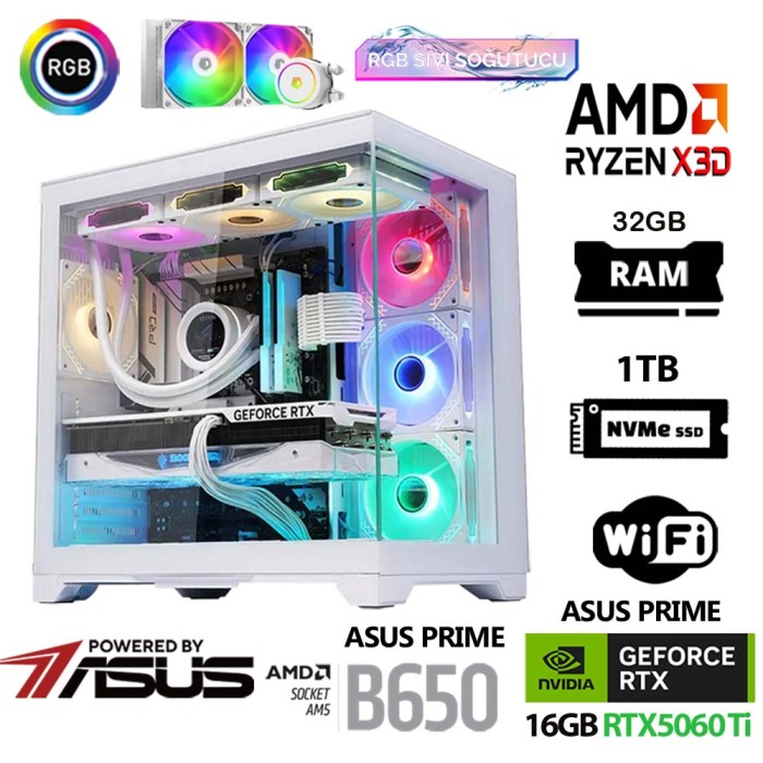 Prime X1 Ryzen 7 7800X3D 32GB DDR5 Ram 1TB M.2 NVMe SSD 16GB RTX5060 Ti Sıvı Soğutmalı Oyuncu Tavsiye Sistem - 1