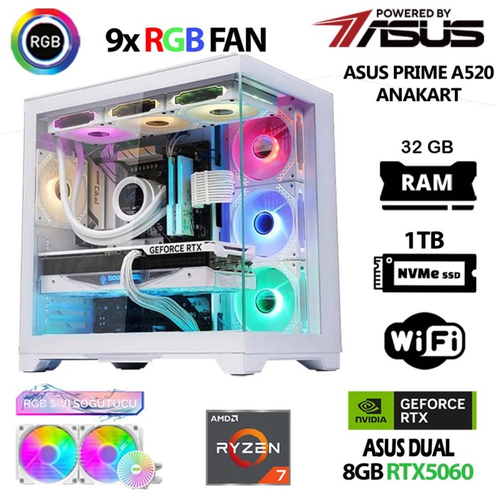Prime x6 Ryzen 7 5700X 32GB Ram 1TB M.2 NVMe SSD 8GB RTX5060 Sıvı Soğutmalı Oyuncu Tavsiye Sistem - 1