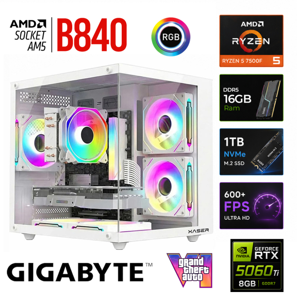 Xaser Apex x60 Ryzen 5 7500F/8GB RTX5060 Ti/1TB M.2 NVMe SSD/16GB DDR5 Beyaz-Gaming Oem Oyuncu Paket - 1