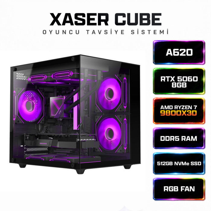 Xaser Cube X270 Ryzen 7 9800X3D 16GB DDR5 Ram 512GB M.2 NVMe SSD 8GB RTX5060 Sıvı Soğutmalı Oyuncu Bilgisayar - 1
