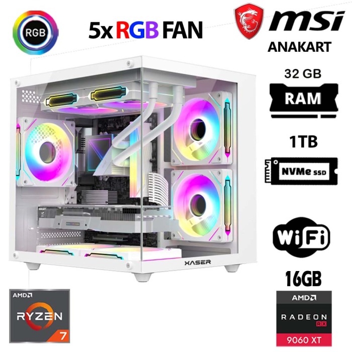Xaser Cube X40 Ryzen 7 5700x 32GB Ram 1TB M.2 NVMe SSD 16GB RX9060 XT Beyaz Oyuncu Tavsiye Sistem - 1