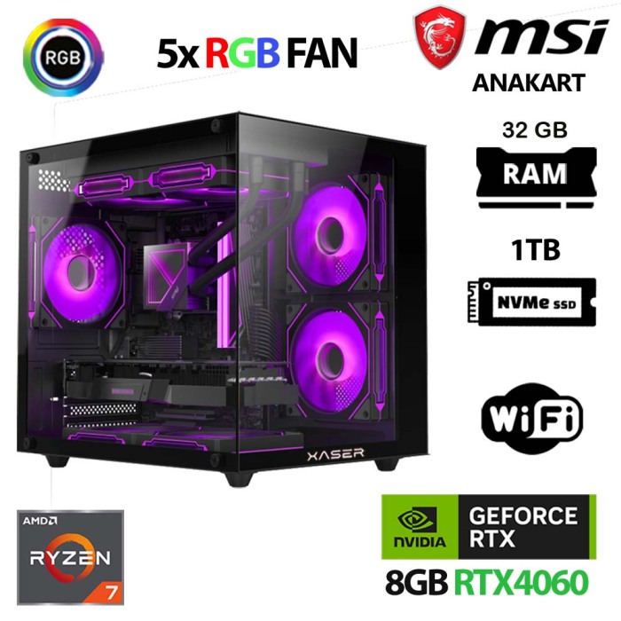 Xaser Cube X50 Ryzen 7 5700x 32GB Ram 1TB M.2 NVMe SSD 8GB RTX4060 Oyuncu Tavsiye Sistem - 1