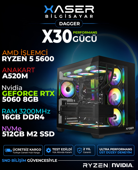 Xaser Dagger X30 Ryzen 5 5600 16GB Ram 512GB M.2 NVMe SSD 8GB RTX5060 Sıvı Soğutmalı Oyuncu Bilgisayarı - 1