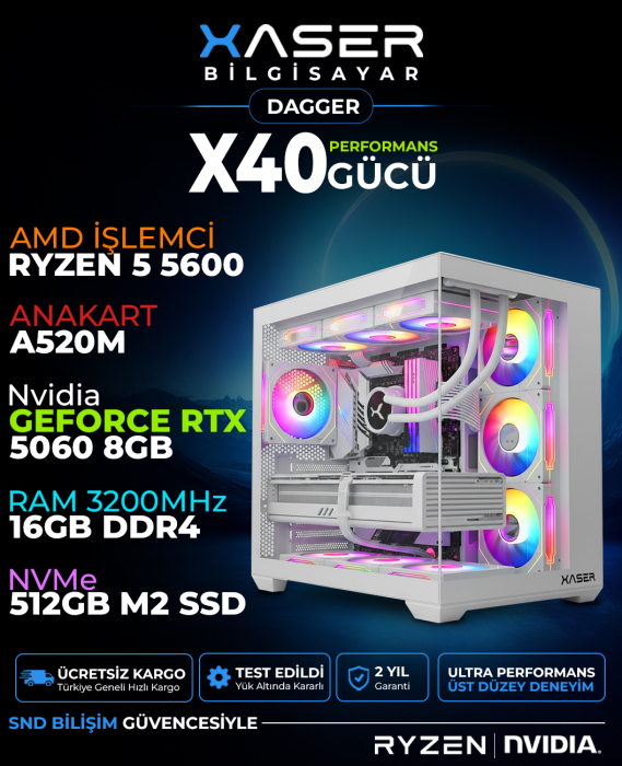 Xaser Dagger X40 Ryzen 5 5600 16GB Ram 512GB M.2 NVMe SSD 8GB RTX5060 Sıvı Soğutmalı Oyuncu Bilgisayarı - 1