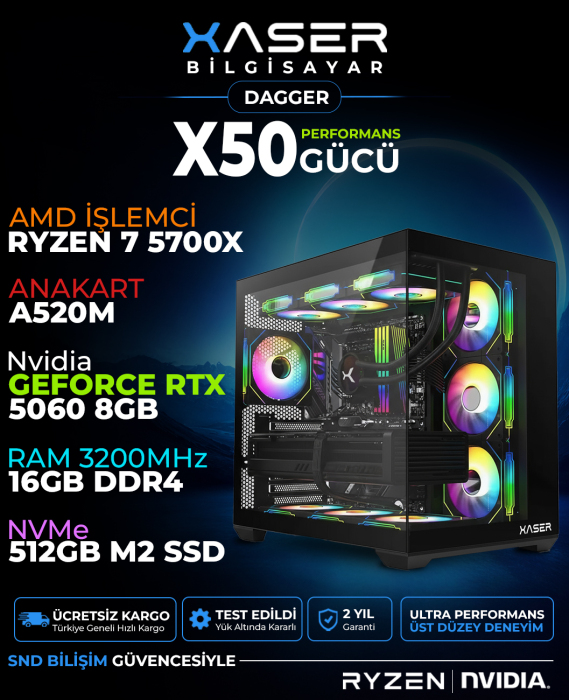 Xaser Dagger X50 Ryzen 7 5700X 16GB Ram 512GB M.2 NVMe SSD 8GB RTX5060 Sıvı Soğutmalı Oyuncu Bilgisayarı - 1