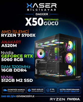 Xaser Dagger X50 Ryzen 7 5700X 16GB Ram 512GB M.2 NVMe SSD 8GB RTX5060 Sıvı Soğutmalı Oyuncu Bilgisayarı - Xaser