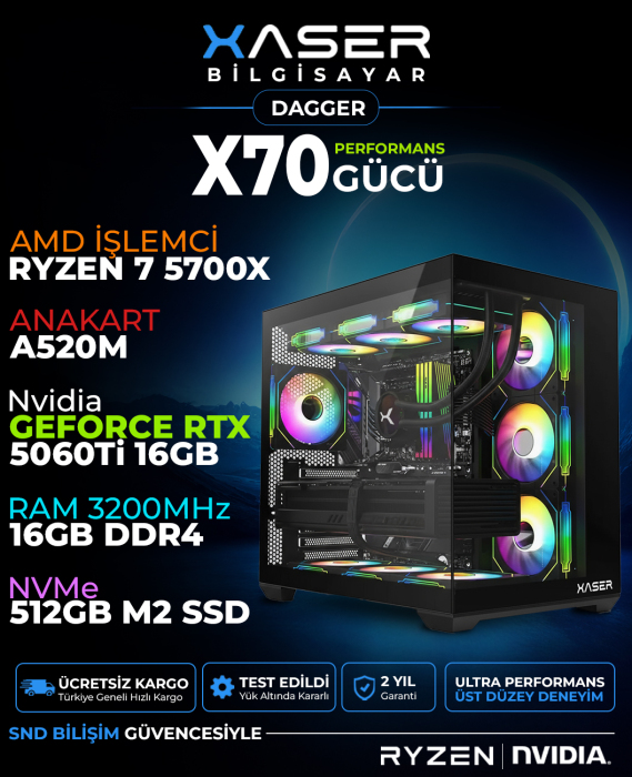 Xaser Dagger X70 Ryzen 7 5700X 16GB Ram 512GB M.2 NVMe SSD 16GB RTX5060 Ti Sıvı Soğutmalı Oyuncu Bilgisayarı - 1