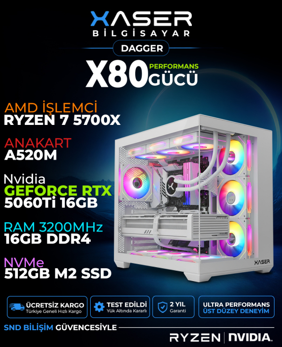 Xaser Dagger X80 Ryzen 7 5700X 16GB Ram 512GB M.2 NVMe SSD 16GB RTX5060 Ti Sıvı Soğutmalı Oyuncu Bilgisayarı - 1