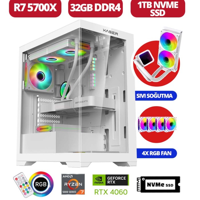 Xaser Delux x2 Ryzen 7 5700x 32GB Ram 1TB M.2 NVMe SSD 8GB RTX4060 Sıvı Soğutmalı Oyuncu Tavsiye Sistem - 1