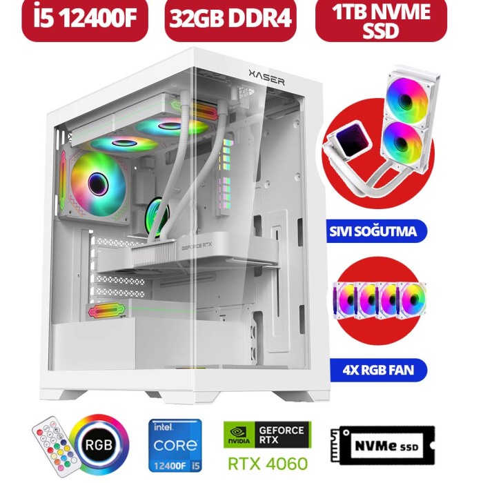 Xaser Delux x3 i5 12400F 32GB Ram 1TB M.2 NVMe SSD 8GB RTX4060 Sıvı Soğutmalı Oyuncu Tavsiye Sistem - 1
