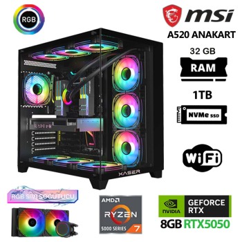 Xaser Delux X07 Ryzen 7 5700X 32GB Ram 1TB M.2 NVMe SSD 8GB RTX5050 Sıvı Soğutmalı Oyuncu Tavsiye Sistem - Xaser