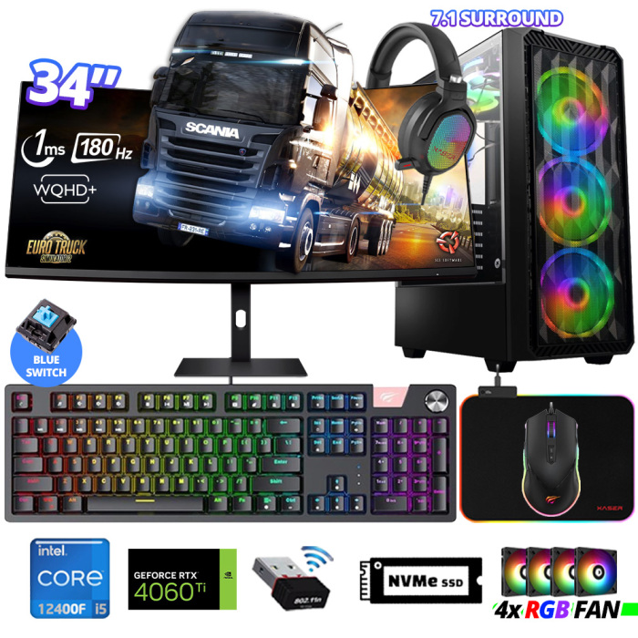 Xaser Delux X100 i5 12400F 32GB Ram 512GB M.2 NVMe SSD 8GB RTX4060 Ti 34 180Hz Curved Oyuncu Tavsiye Sistem - 1