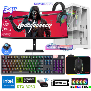 Xaser Delux X102 i5 14400F 16GB DDR5 Ram 512GB M.2 NVMe SSD 6GB RTX3050 34 180Hz Sıvı Soğutmalı Oyuncu Tavsiye Sistem - Xaser