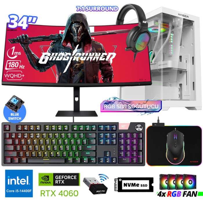 Xaser Delux X104 i5 14400F 16GB DDR5 Ram 512GB M.2 NVMe SSD 8GB RTX4060 34 180Hz Sıvı Soğutmalı Oyuncu Tavsiye Sistem - 1