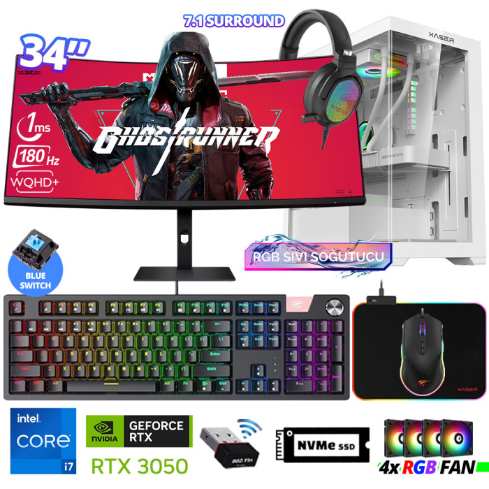 Xaser Delux X107 i7 14700F 16GB DDR5 Ram 512GB M.2 NVMe SSD 6GB RTX3050 34 180Hz Sıvı Soğutmalı Oyuncu Tavsiye Sistem - 1