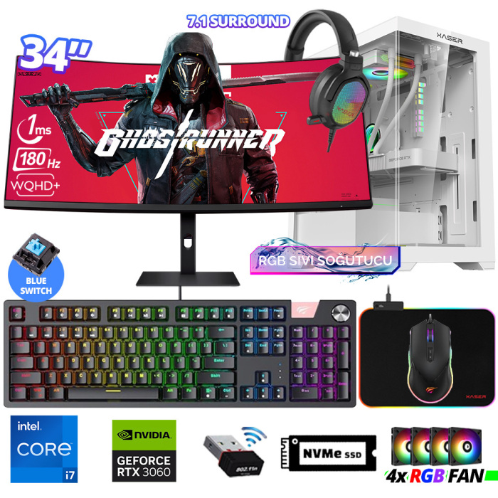 Xaser Delux X108 i7 14700F 16GB DDR5 Ram 512GB M.2 NVMe SSD 12GB RTX3060 34 Sıvı Soğutmalı Oyuncu Tavsiye Sistem - 1
