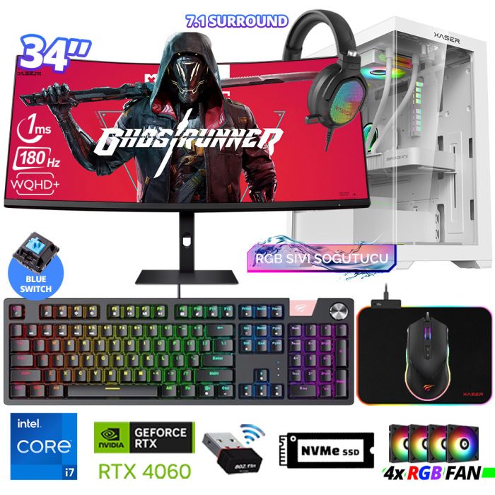 Xaser Delux X109 i7 14700F 16GB DDR5 Ram 512GB M.2 NVMe SSD 8GB RTX4060 34 Sıvı Soğutmalı Oyuncu Tavsiye Sistem - 1