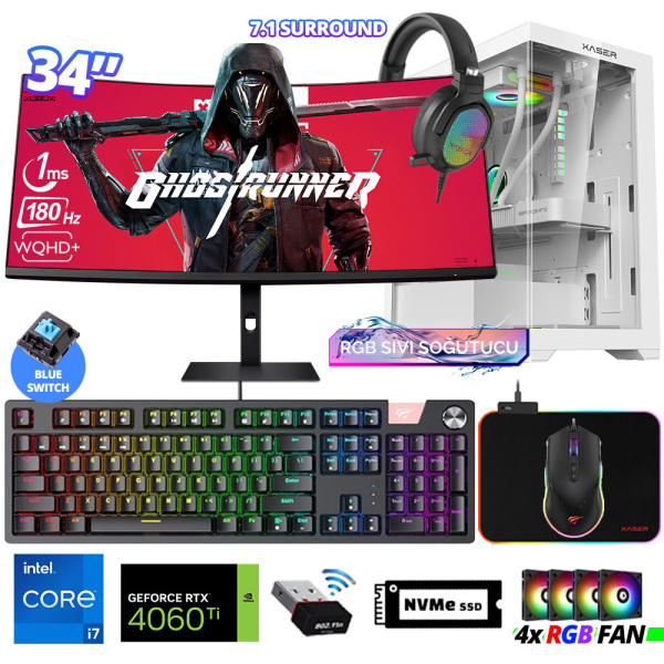 Xaser Delux X110 i7 14700F 16GB DDR5 Ram 512GB M.2 NVMe SSD 8GB RTX4060 Ti 34 Sıvı Soğutmalı Oyuncu Tavsiye Sistem - 1