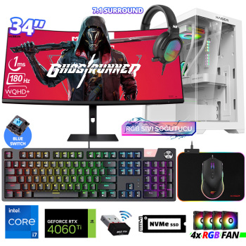 Xaser Delux X110 i7 14700F 16GB DDR5 Ram 512GB M.2 NVMe SSD 8GB RTX4060 Ti 34 Sıvı Soğutmalı Oyuncu Tavsiye Sistem - Xaser