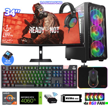 Xaser Delux X115 Ryzen 7 5700X 32GB Ram 512GB M.2 NVMe SSD 8GB RTX4060 Ti 34 180Hz Curved Oyuncu Tavsiye Sistem - Xaser