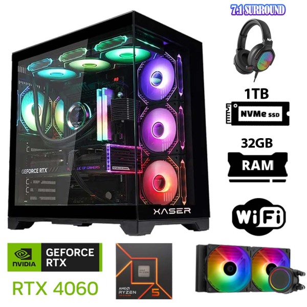 Xaser Delux X130 Ryzen 5 8400F 32GB DDR5 Ram 1TB M.2 NVMe SSD 8GB RTX4060 Sıvı Soğutmalı Oyuncu Tavsiye Sistem - 1