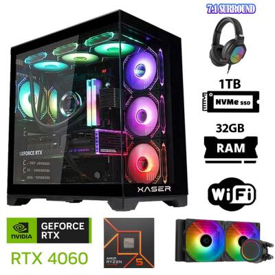 Xaser Delux X130 Ryzen 5 8400F 32GB DDR5 Ram 1TB M.2 NVMe SSD 8GB RTX4060 Sıvı Soğutmalı Oyuncu Bilgisayarı - 1