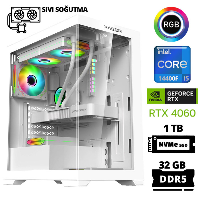 Xaser Delux X54 i5 14400F 32GB DDR5 Ram 1TB M.2 NVMe SSD 8GB RTX4060 Sıvı Soğutmalı Oyuncu Tavsiye Sistem - 1