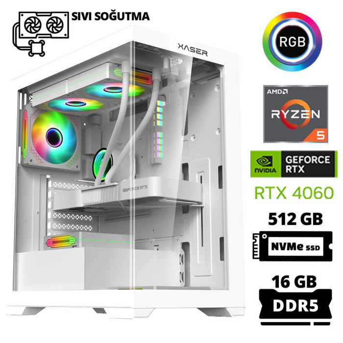 Xaser Delux X55 Ryzen 5 7500F 16GB DDR5 Ram 512GB M.2 NVMe SSD 8GB RTX4060 Sıvı Soğutmalı Oyuncu Tavsiye Sistem - 1