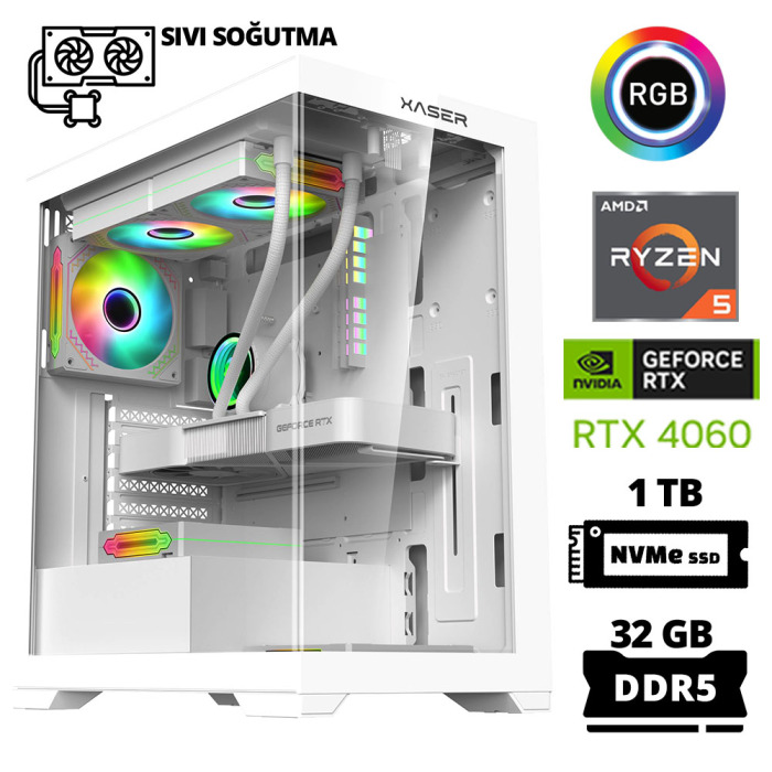 Xaser Delux X56 Ryzen 5 7500F 32GB DDR5 Ram 1TB M.2 NVMe SSD 8GB RTX4060 Sıvı Soğutmalı Oyuncu Tavsiye Sistem - 1