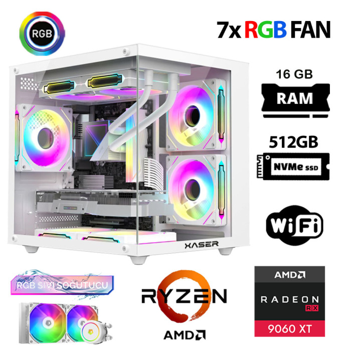 Xaser Eco X10 Ryzen 7 5700x 16GB Ram 512GB M.2 NVMe SSD 16GB RX9060 XT Sıvı Soğutmalı Hazır Oyuncu Sistemi - 1