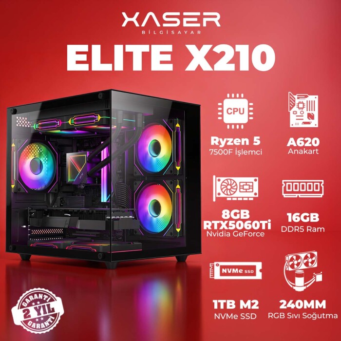 Xaser Elite X210 Ryzen 5 7500F 16GB DDR5 Ram 1TB M.2 NVMe SSD 8GB RTX5060 Ti Masaüstü Oyuncu Bilgisayarı - 1