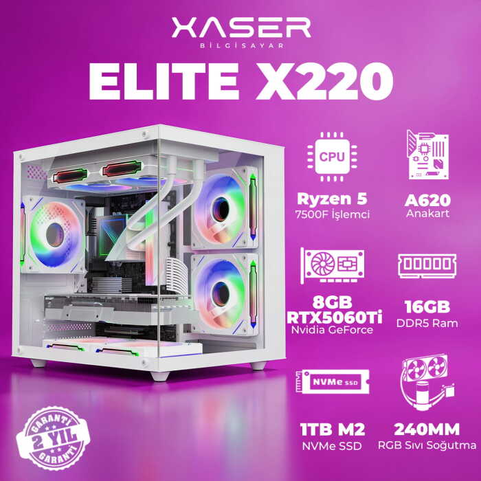 Xaser Elite X220 Ryzen 5 7500F 16GB DDR5 Ram 1TB M.2 NVMe SSD 8GB RTX5060 Ti Masaüstü Oyuncu Bilgisayarı - 1