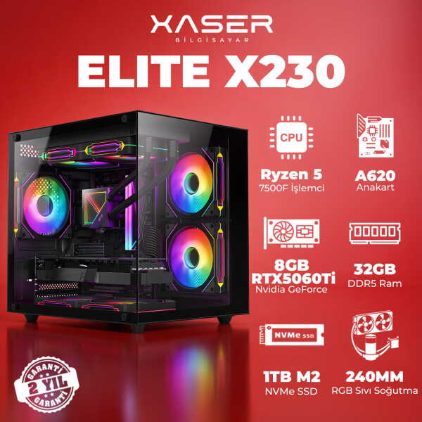 Xaser Elite X230 Ryzen 5 7500F 32GB DDR5 Ram 1TB M.2 NVMe SSD 8GB RTX5060 Ti Masaüstü Oyuncu Bilgisayarı - 1
