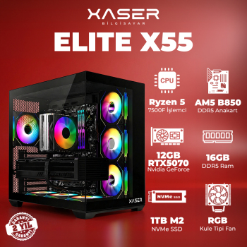 Xaser Elite X55 Ryzen 5 7500F 16GB DDR5 Ram 1TB M.2 NVMe SSD 12GB RTX5070 Masaüstü Oyuncu Bilgisayarı - Xaser