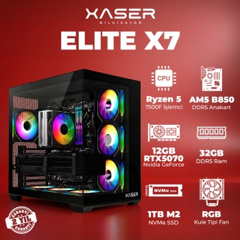 Xaser Elite X7 Ryzen 5 7500F 32GB DDR5 Ram 1TB M.2 NVMe SSD 12GB RTX5070 Masaüstü Oyuncu Bilgisayarı - Xaser