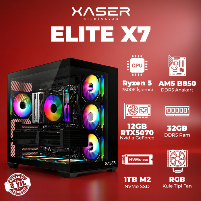 Xaser Elite X7 Ryzen 5 7500F 32GB DDR5 Ram 1TB M.2 NVMe SSD 12GB RTX5070 Masaüstü Oyuncu Bilgisayarı - 1