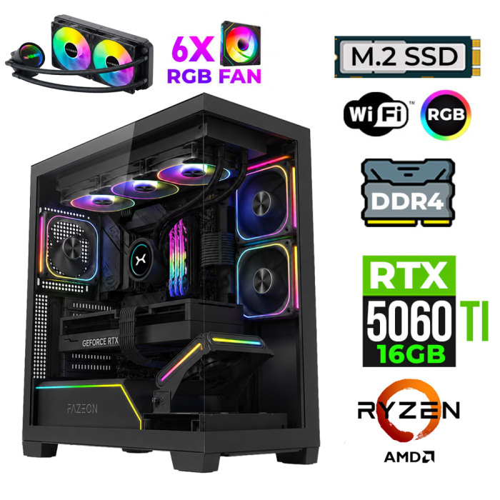 Xaser Fade X10 Ryzen 7 5700X 16GB Ram 1TB M.2 NVMe SSD 16GB RTX5060Ti Sıvı Soğutmalı Oyuncu Bilgisayarı - 1
