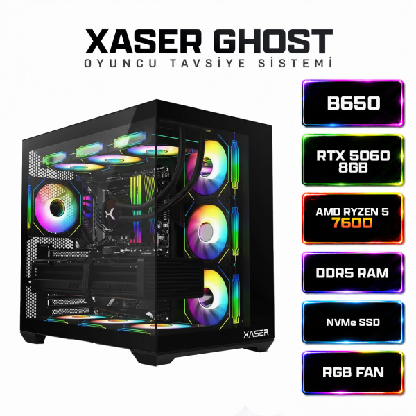 Xaser Ghost X150 Ryzen 5 7600 32GB Ram 1TB M.2 NVMe SSD 8GB RTX5060 Sıvı Soğutmalı Oyuncu Bilgisayarı - 1
