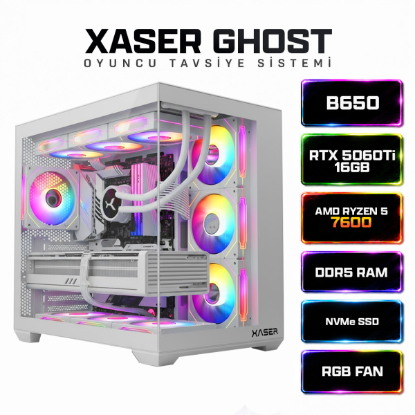 Xaser Ghost X220 Ryzen 5 7600 16GB Ram 512GB M.2 NVMe SSD 16GB RTX5060Ti Sıvı Soğutmalı Oyuncu Bilgisayarı - 1