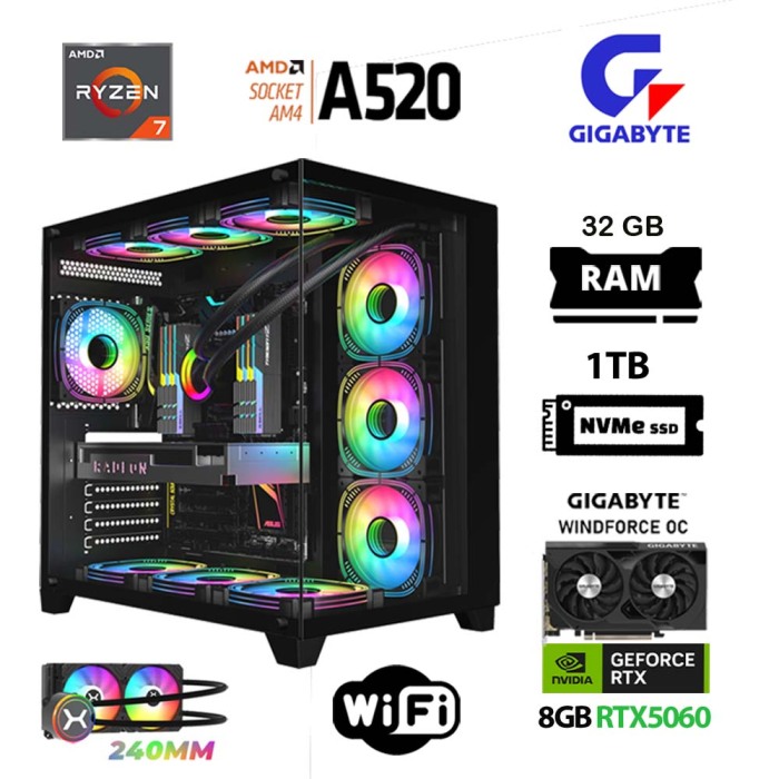 Xaser Giga X50 Ryzen 7 5700X 32GB Ram 1TB M.2 NVMe SSD 8GB RTX5060 Sıvı Soğutmalı Gigabyte Oyuncu OEM Paket - 1