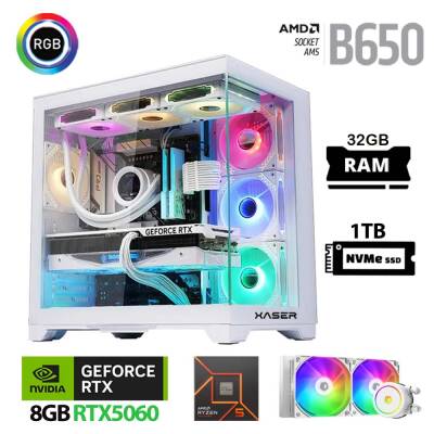 Xaser Lexus x570 Ryzen 5 7500F 32GB Ram 1TB M.2 NVMe SSD 8GB RTX5060 Sıvı Soğutmalı Beyaz Oyuncu Bilgisayarı - 1