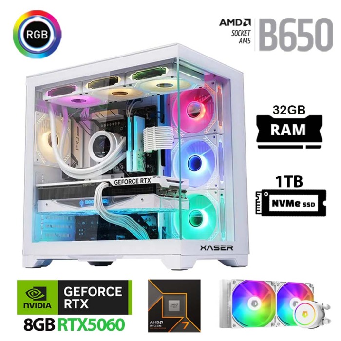 Xaser Lexus x600 Ryzen 7 9700X 32GB Ram 1TB M.2 NVMe SSD 8GB RTX5060 Sıvı Soğutmalı Beyaz Oyuncu Tavsiye Sistem - 1