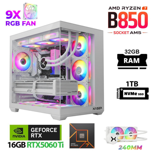 Xaser Lexus x690 White Ryzen 7 7800X3D 32GB Ram 1TB M.2 NVMe SSD 16GB RTX5060 Ti Sıvı Soğutmalı Oyuncu Bilgisayarı - 1