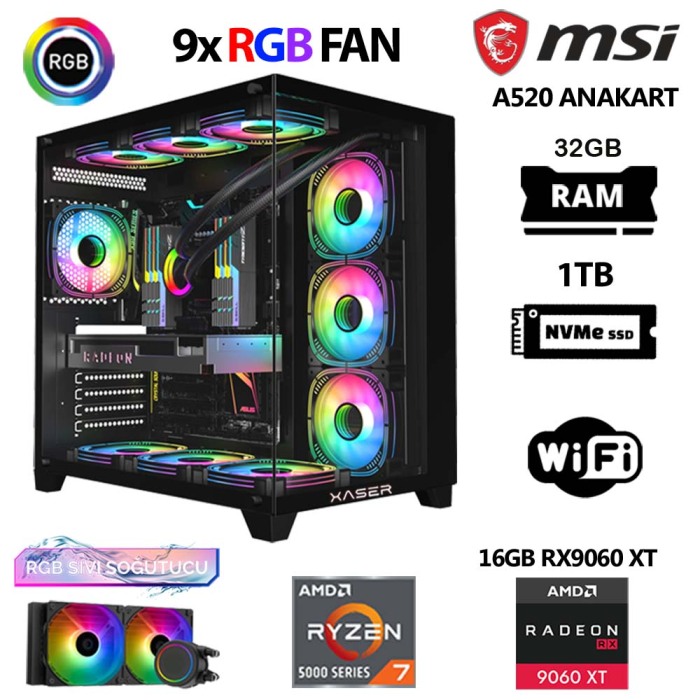 Xaser Lexus x740 Ryzen 7 5700x 32GB Ram 1TB M.2 NVMe SSD 16GB RX9060 XT Sıvı Soğutmalı Masaüstü Hazır Sistem - 1