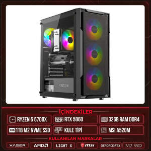 Xaser Light X10 Ryzen 7 5700X 32GB Ram 1TB M.2 NVMe SSD 8GB RTX5060 Masaüstü Oyuncu OEM Bilgisayar - Xaser