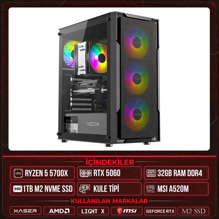 Xaser Light X10 Ryzen 7 5700X 32GB Ram 1TB M.2 NVMe SSD 8GB RTX5060 Masaüstü Oyuncu OEM Bilgisayar - 1