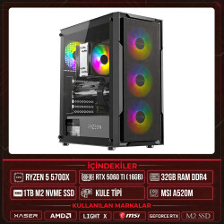 Xaser Light X30 Ryzen 7 5700X 32GB Ram 1TB M.2 NVMe SSD 16GB RTX5060 Ti Masaüstü Oyuncu OEM Bilgisayar - Xaser