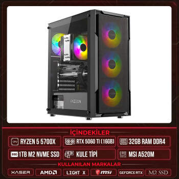 Xaser Light X30 Ryzen 7 5700X 32GB Ram 1TB M.2 NVMe SSD 16GB RTX5060 Ti Masaüstü Oyuncu OEM Bilgisayar - Xaser