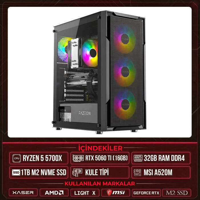 Xaser Light X30 Ryzen 7 5700X 32GB Ram 1TB M.2 NVMe SSD 16GB RTX5060 Ti Masaüstü Oyuncu OEM Bilgisayar - 1